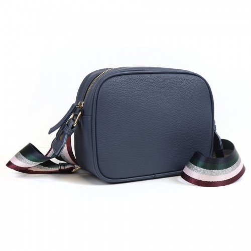 Denim Blue Vegan Leather Camera Bag with Striped Strap by Peace of Mind